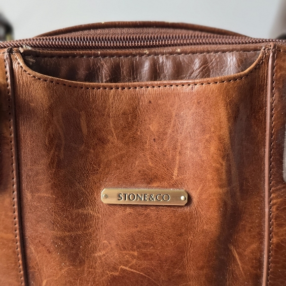 Stone & Co Genuine Leather Satchel Cognac Boho Distressed Vintage Two-Tone - Picture 2 of 8